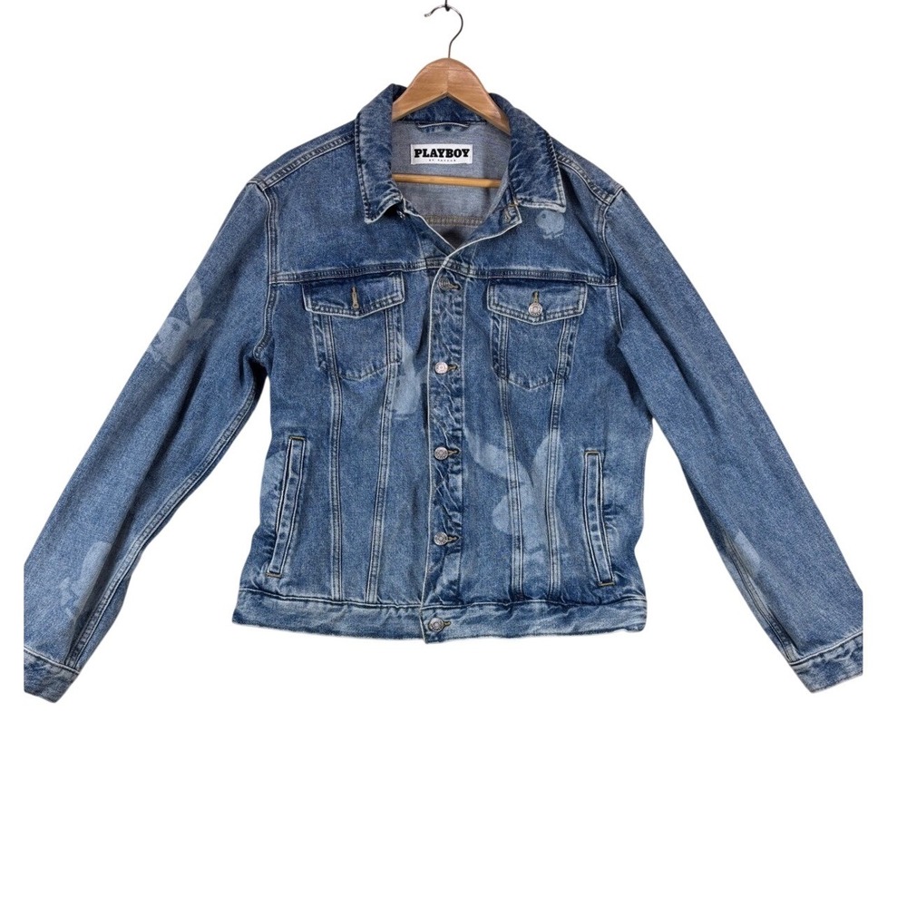 Playboy by PacSun Denim Trucker Jacket Blue Bunny Logo Print Womens Large L